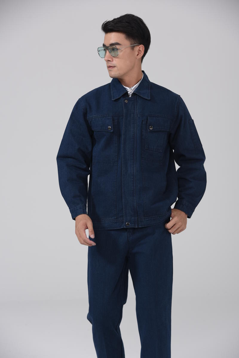 厂家定制加工车间耐磨牛仔工作服印绣logo
